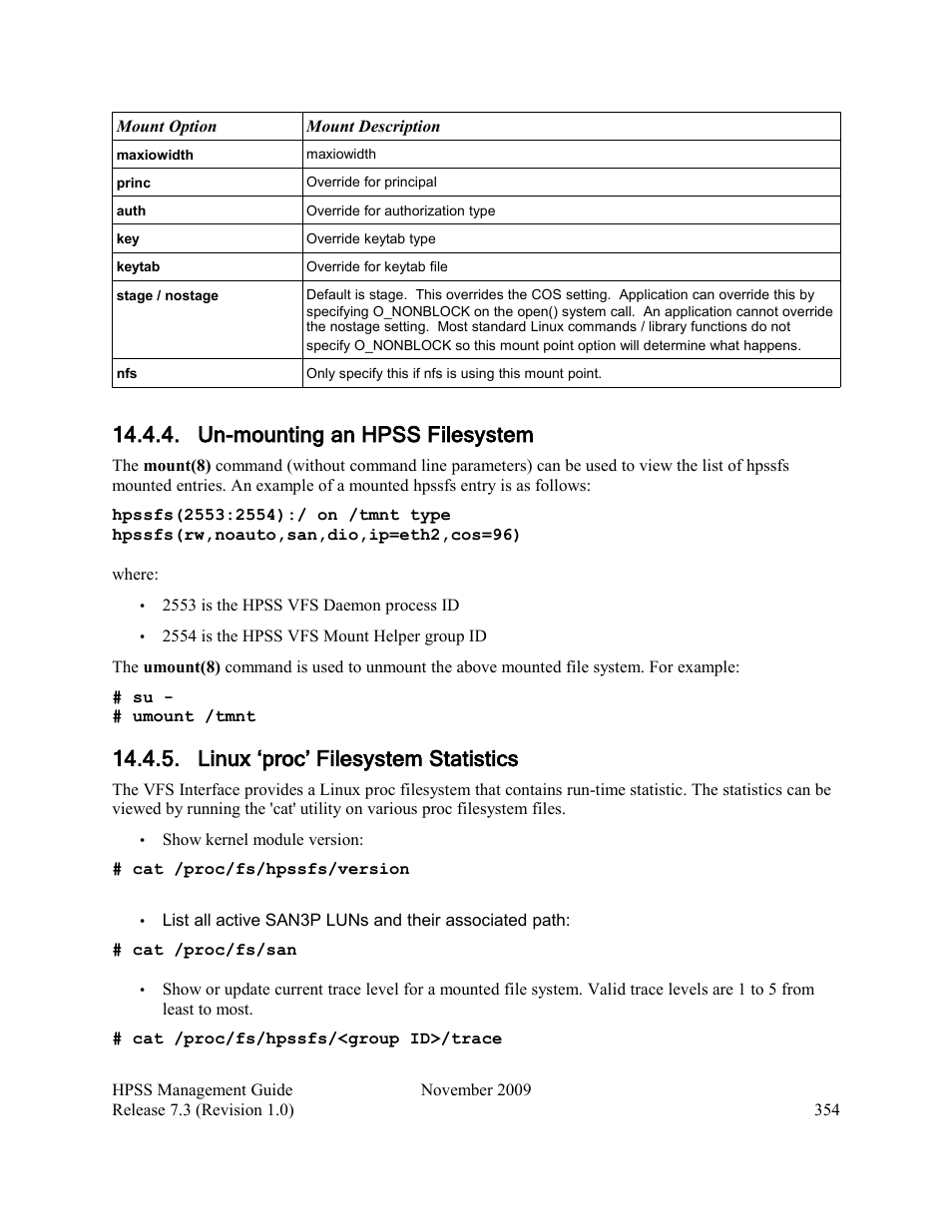 Un-mounting an hpss filesystem, Linux ‘proc’ filesystem statistics | IBM RELEASE 7.3 User Manual | Page 354 / 388