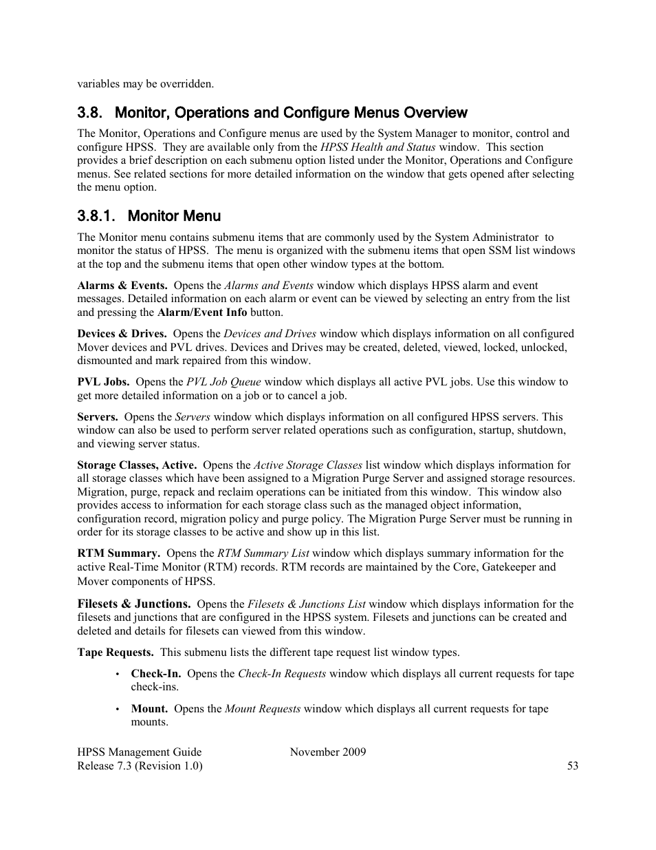 Monitor, operations and configure menus overview, Monitor menu | IBM RELEASE 7.3 User Manual | Page 53 / 388