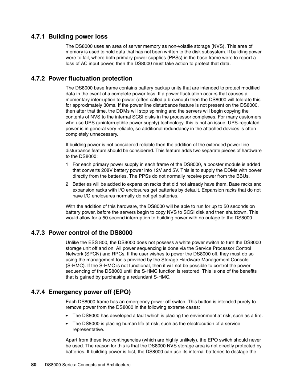 1 building power loss, 2 power fluctuation protection, 3 power control of the ds8000 | 4 emergency power off (epo) | IBM DS8000 User Manual | Page 102 / 450