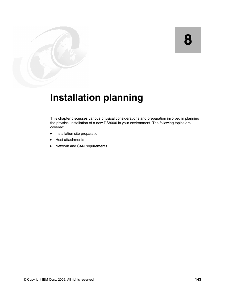 Chapter 8. installation planning, Installation planning | IBM DS8000 User Manual | Page 165 / 450