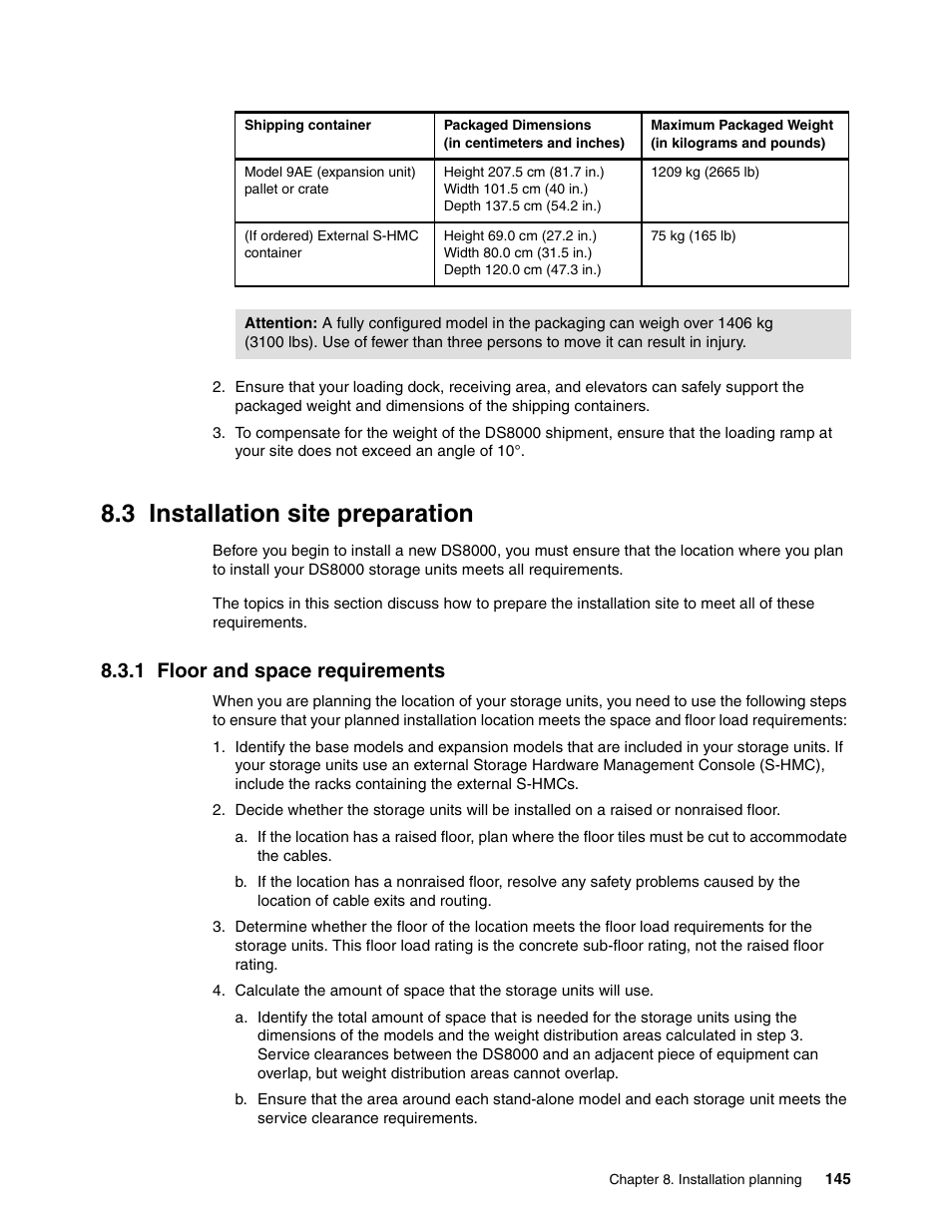 3 installation site preparation, 1 floor and space requirements | IBM DS8000 User Manual | Page 167 / 450