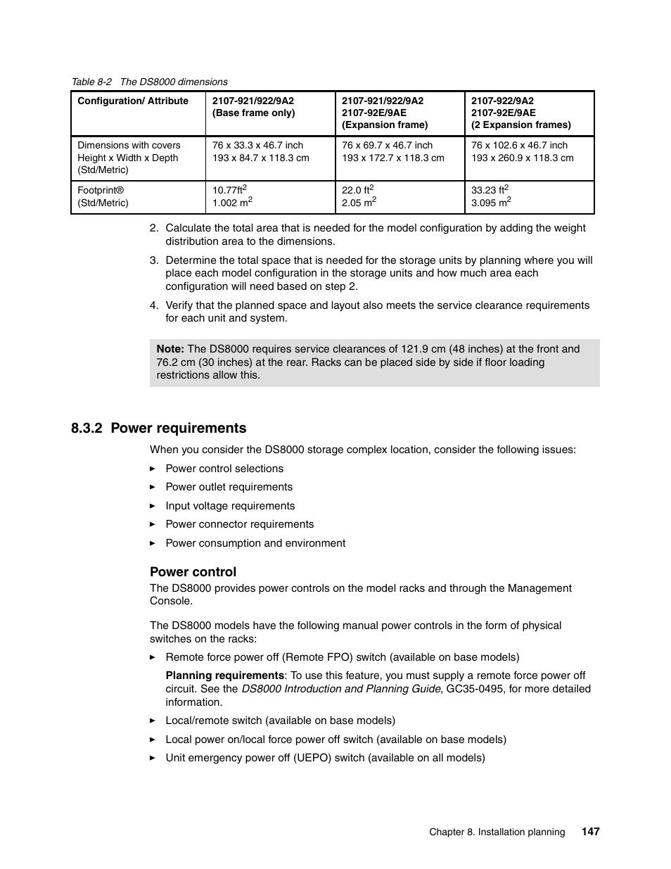 2 power requirements, Power control | IBM DS8000 User Manual | Page 169 / 450