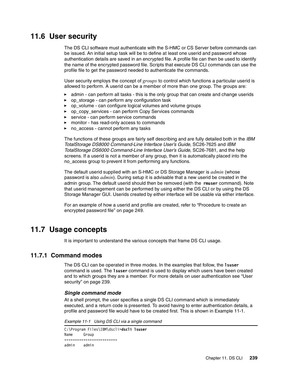 6 user security, 7 usage concepts, 1 command modes | 6 user security 11.7 usage concepts, User security, Usage concepts | IBM DS8000 User Manual | Page 261 / 450