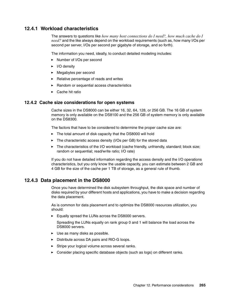 1 workload characteristics, 2 cache size considerations for open systems, 3 data placement in the ds8000 | IBM DS8000 User Manual | Page 287 / 450