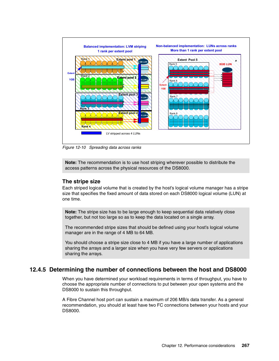 The stripe size, Chapter 12. performance considerations, Figure 12-10 spreading data across ranks | IBM DS8000 User Manual | Page 289 / 450