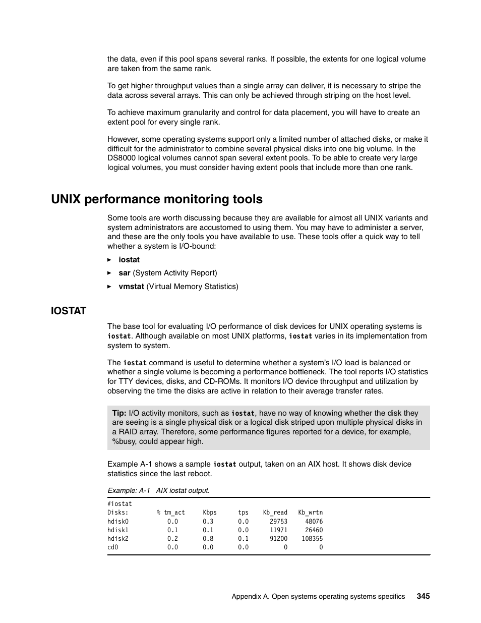 Unix performance monitoring tools, Iostat | IBM DS8000 User Manual | Page 367 / 450