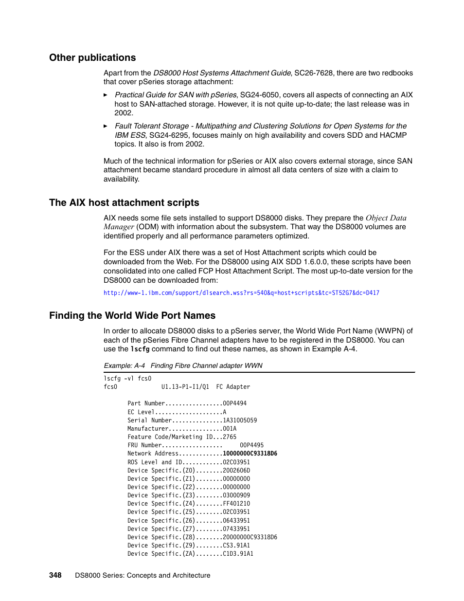Other publications, The aix host attachment scripts, Finding the world wide port names | IBM DS8000 User Manual | Page 370 / 450