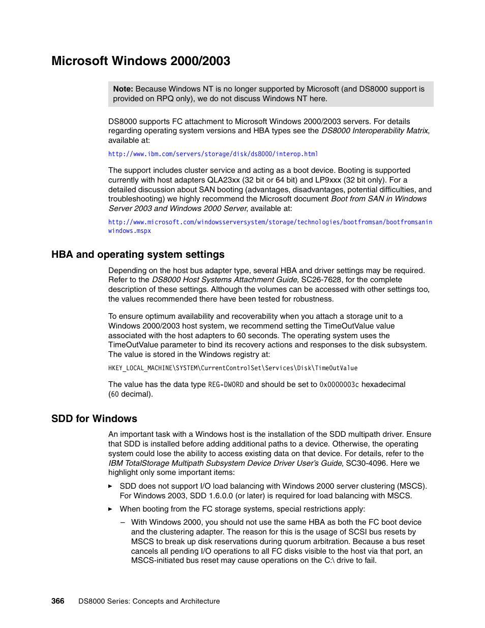 Microsoft windows 2000/2003, Hba and operating system settings, Sdd for windows | Hba and operating system settings sdd for windows | IBM DS8000 User Manual | Page 388 / 450