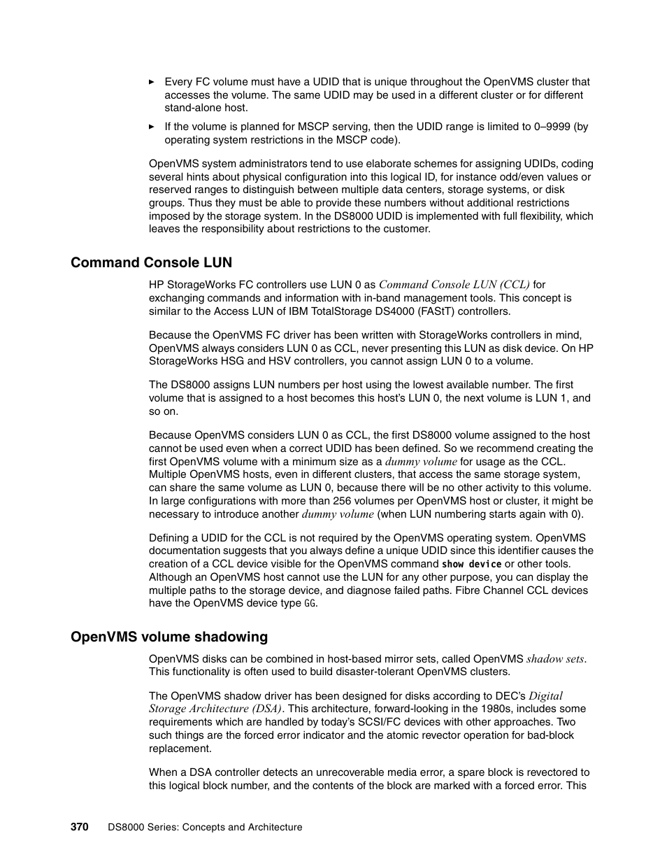 Command console lun, Openvms volume shadowing, Command console lun openvms volume shadowing | IBM DS8000 User Manual | Page 392 / 450