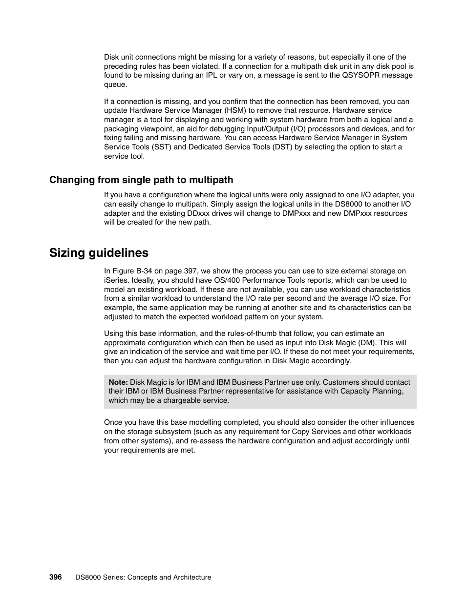 Changing from single path to multipath, Sizing guidelines | IBM DS8000 User Manual | Page 418 / 450