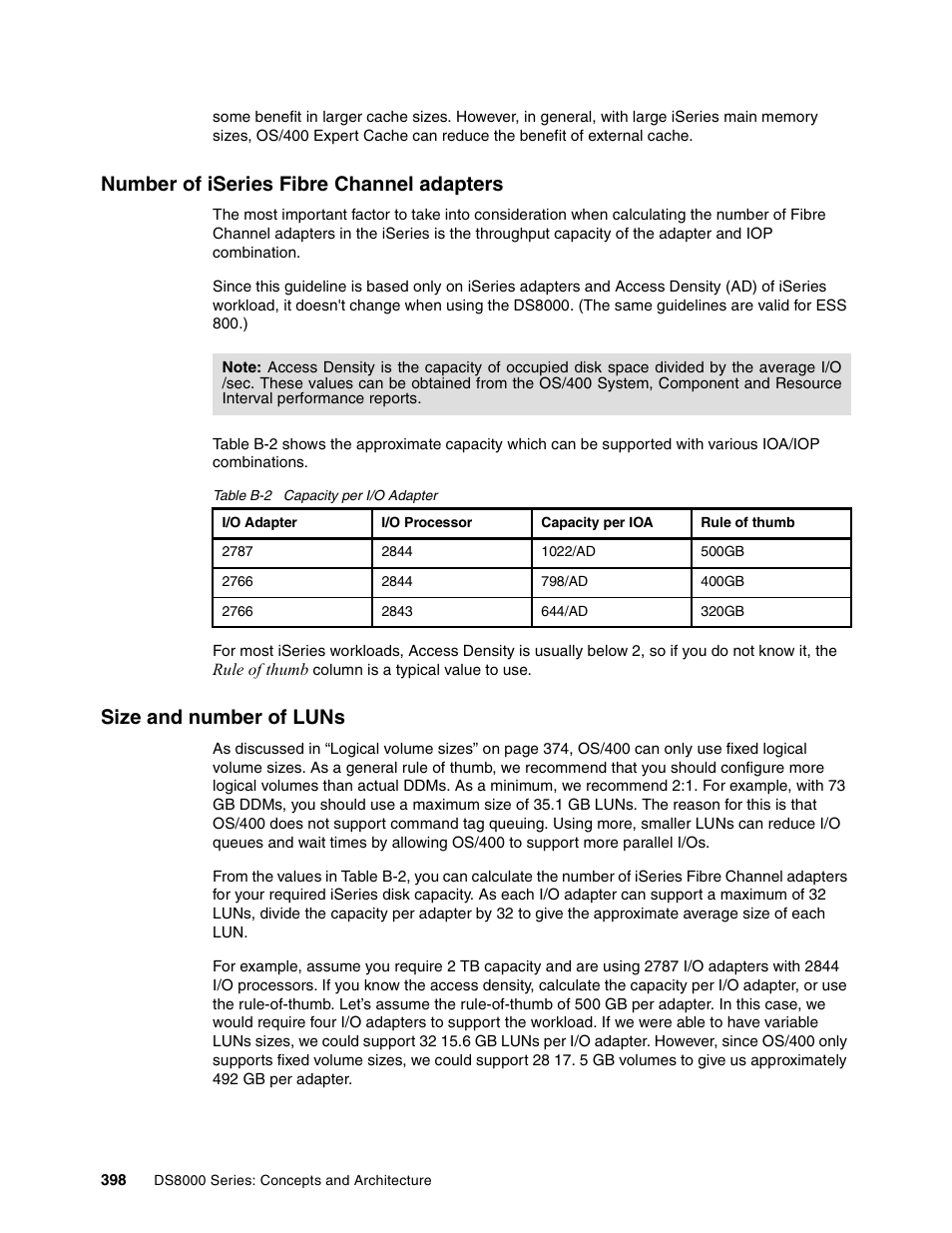 Number of iseries fibre channel adapters, Size and number of luns | IBM DS8000 User Manual | Page 420 / 450