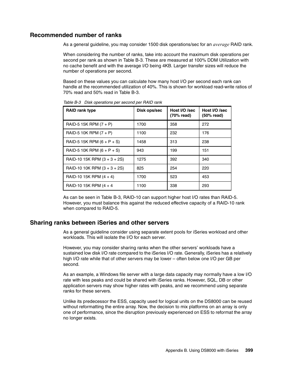 Recommended number of ranks, Sharing ranks between iseries and other servers | IBM DS8000 User Manual | Page 421 / 450