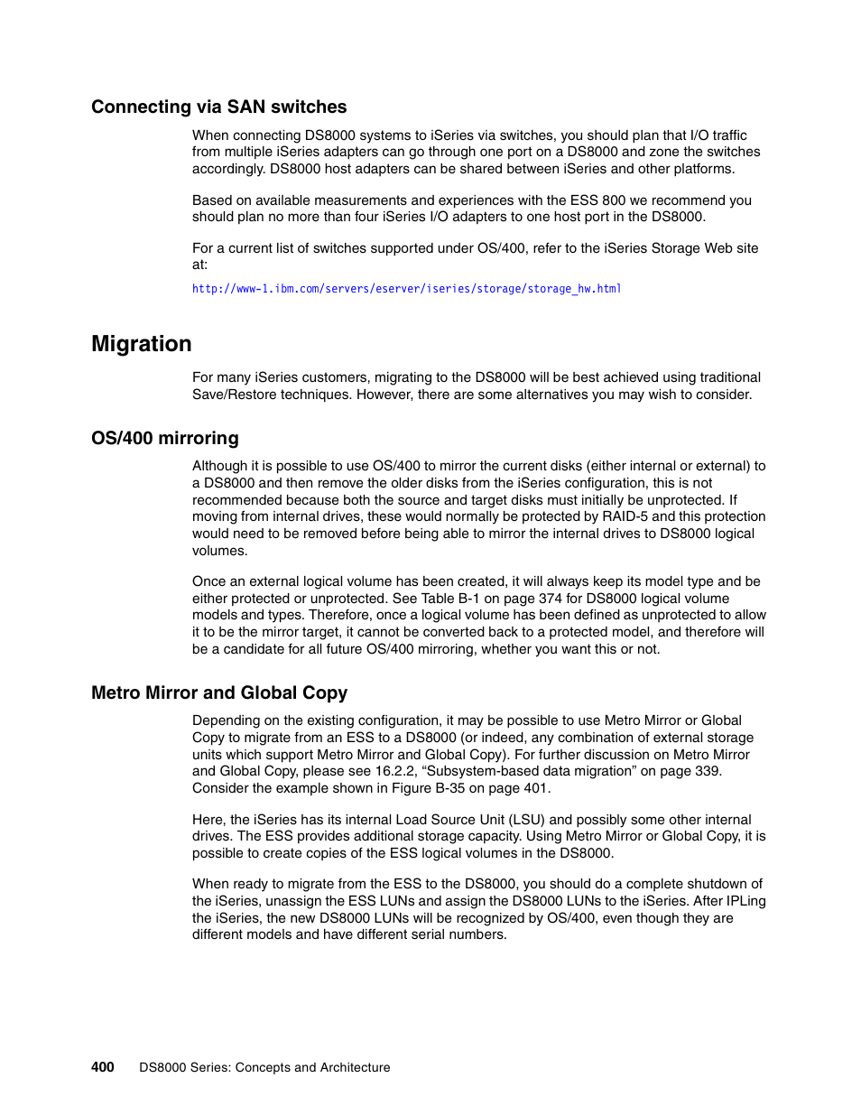 Connecting via san switches, Migration, Os/400 mirroring | Metro mirror and global copy, Os/400 mirroring metro mirror and global copy | IBM DS8000 User Manual | Page 422 / 450