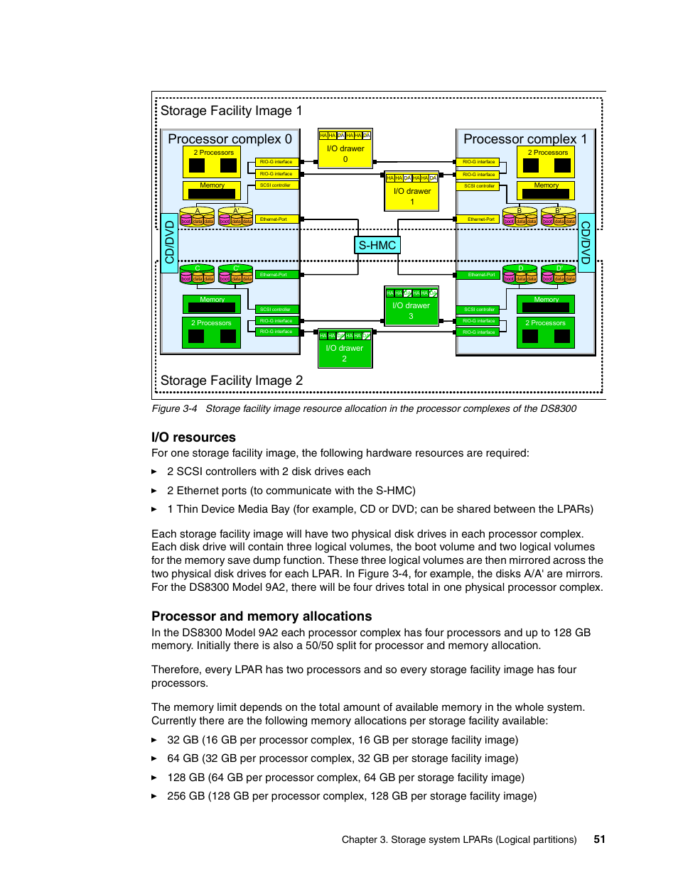 I/o resources, Storage facility image 1, Storage facility image 2 | S-hmc, Cd/ dv d cd/ dv d | IBM DS8000 User Manual | Page 73 / 450