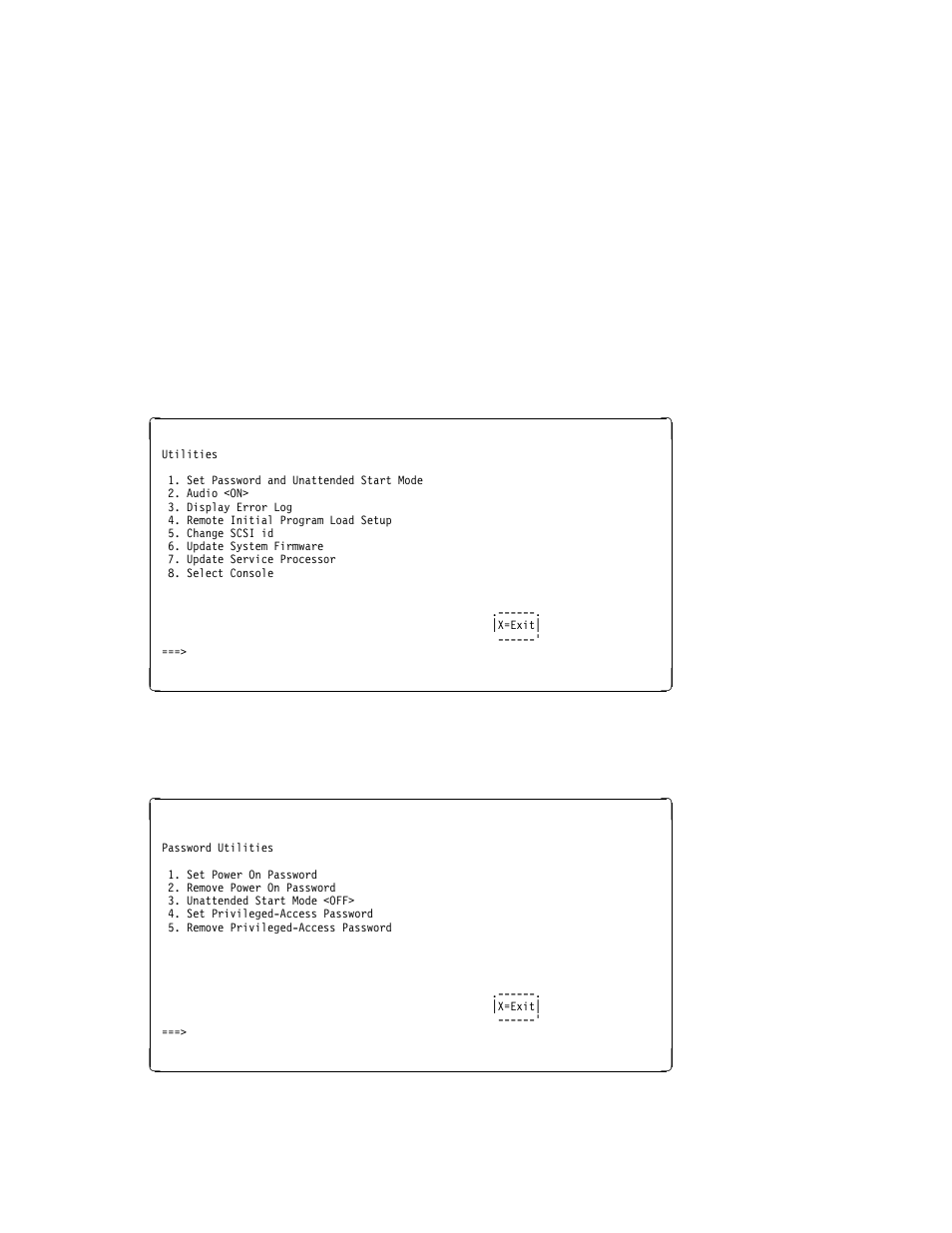 Utilities, Set password and unattended start mode | IBM F50 RS/6000 7025 User Manual | Page 99 / 364