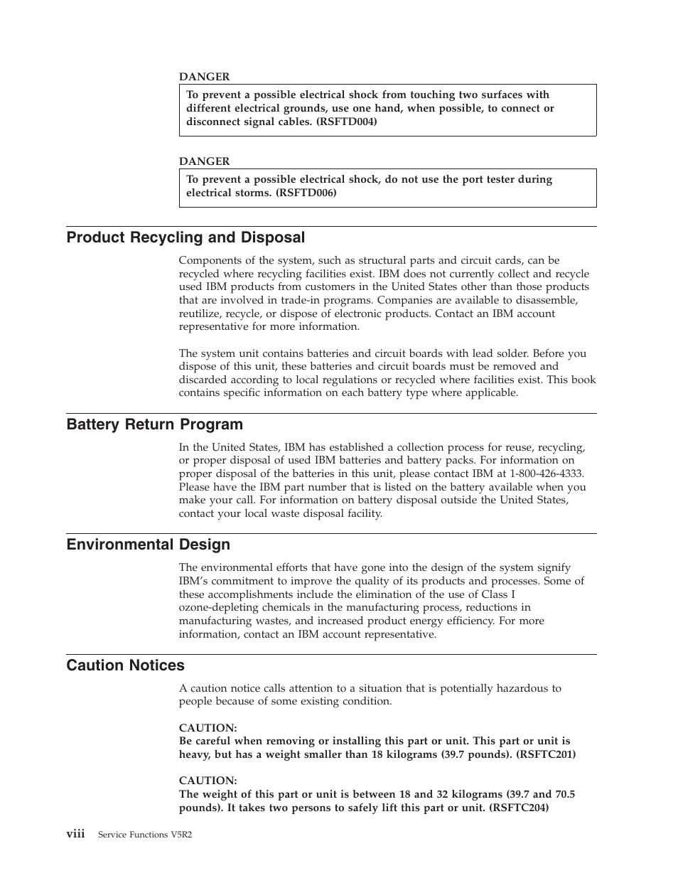 Product recycling and disposal, Battery return program, Environmental design | Caution notices, Viii | IBM VERSION 5 SY44-5902-05 User Manual | Page 10 / 358