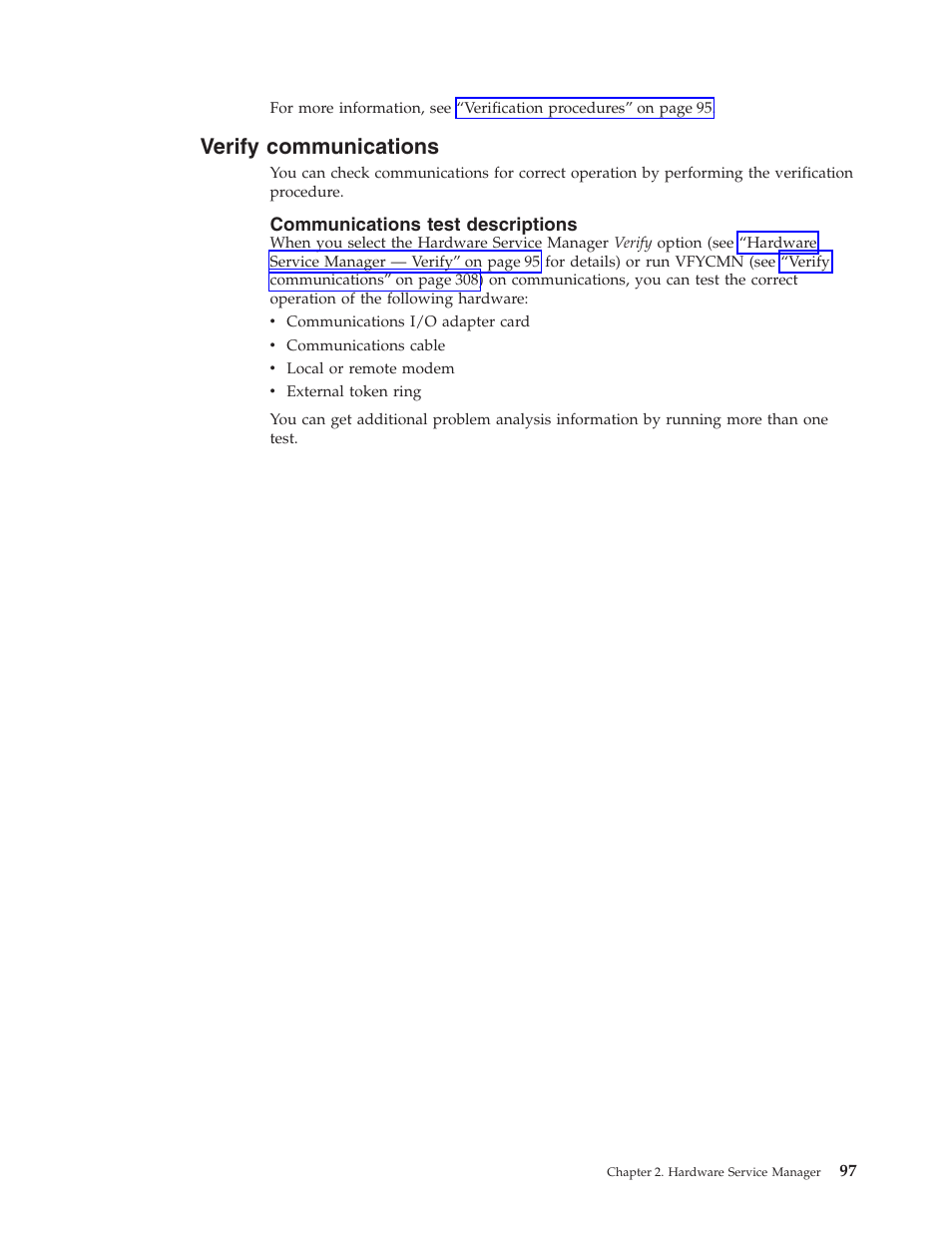 Verify communications, Communications test descriptions | IBM VERSION 5 SY44-5902-05 User Manual | Page 111 / 358