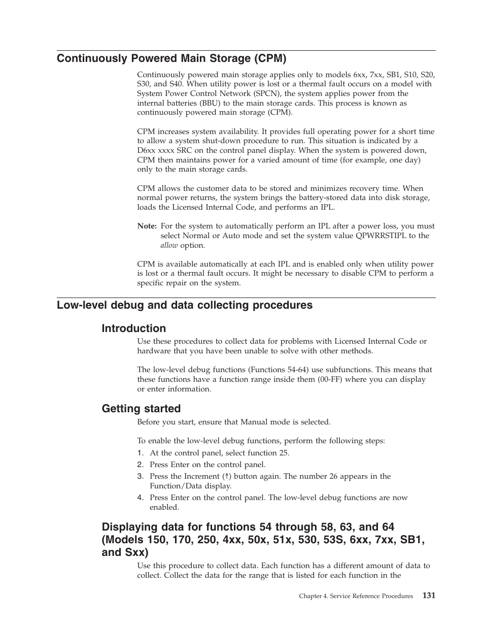 Continuously powered main storage (cpm), Low-level debug and data collecting procedures, Introduction | Getting started | IBM VERSION 5 SY44-5902-05 User Manual | Page 145 / 358