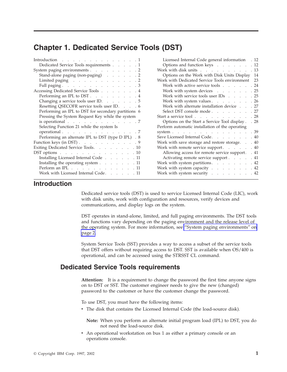 Chapter 1. dedicated service tools (dst), Introduction, Dedicated service tools requirements | IBM VERSION 5 SY44-5902-05 User Manual | Page 15 / 358