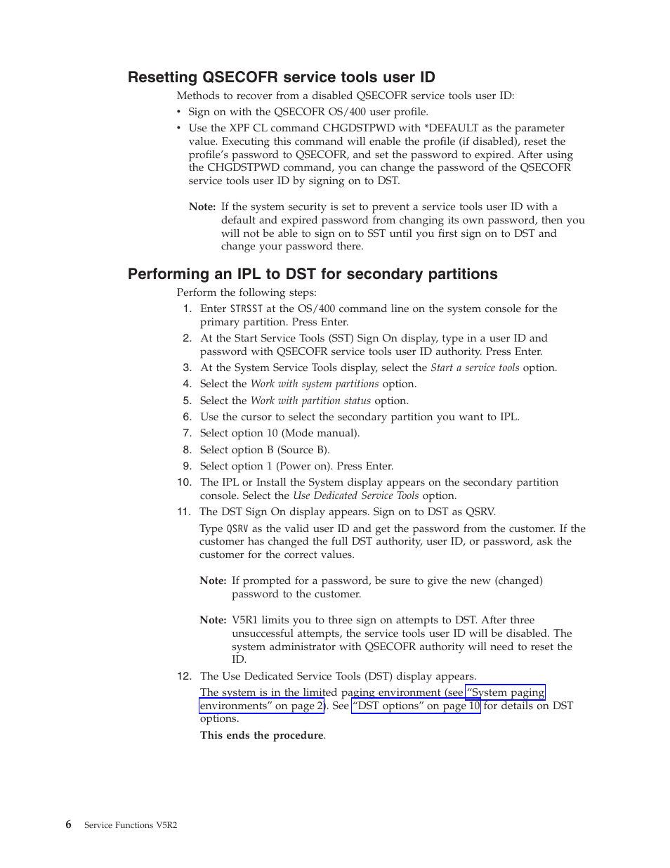 Resetting qsecofr service tools user id, Performing an ipl to dst for secondary partitions | IBM VERSION 5 SY44-5902-05 User Manual | Page 20 / 358