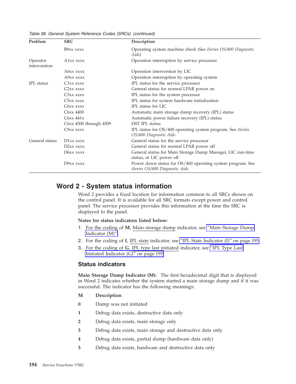 Word 2 - system status information, Status indicators | IBM VERSION 5 SY44-5902-05 User Manual | Page 208 / 358