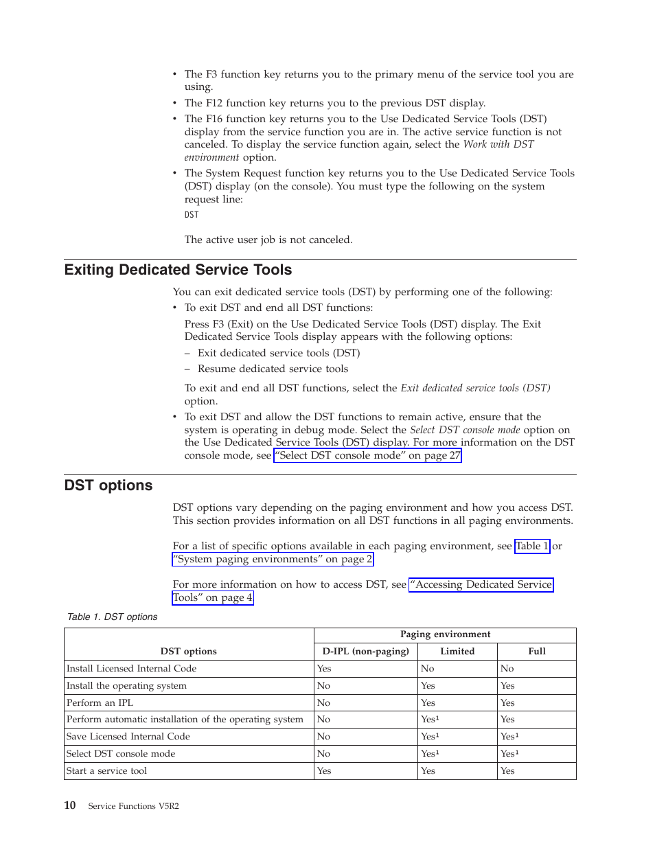 Exiting dedicated service tools, Dst options | IBM VERSION 5 SY44-5902-05 User Manual | Page 24 / 358