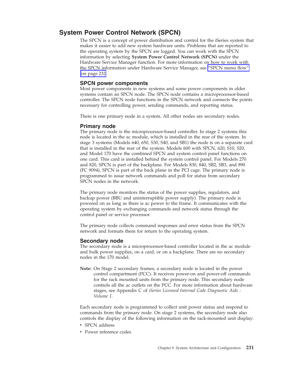 System power control network (spcn), Spcn power components, Primary node | Secondary node | IBM VERSION 5 SY44-5902-05 User Manual | Page 245 / 358