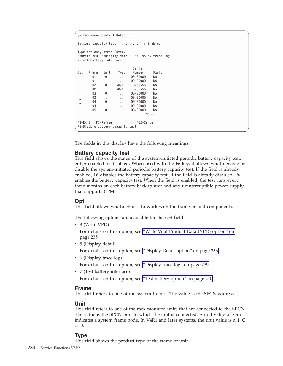 Battery capacity test, Frame, Unit | Type | IBM VERSION 5 SY44-5902-05 User Manual | Page 248 / 358