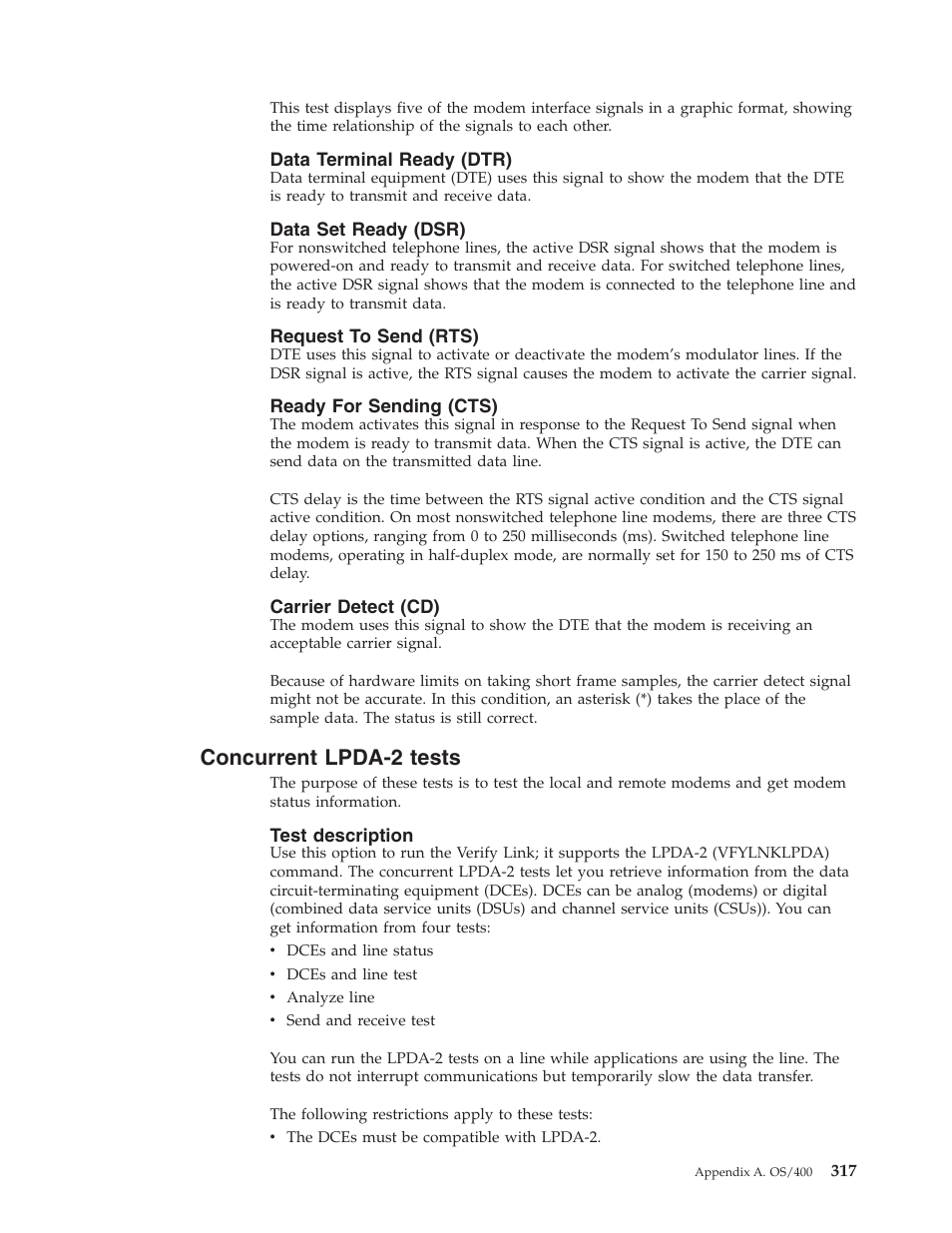 Data terminal ready (dtr), Data set ready (dsr), Request to send (rts) | Ready for sending (cts), Carrier detect (cd), Concurrent lpda-2 tests, Test description | IBM VERSION 5 SY44-5902-05 User Manual | Page 331 / 358