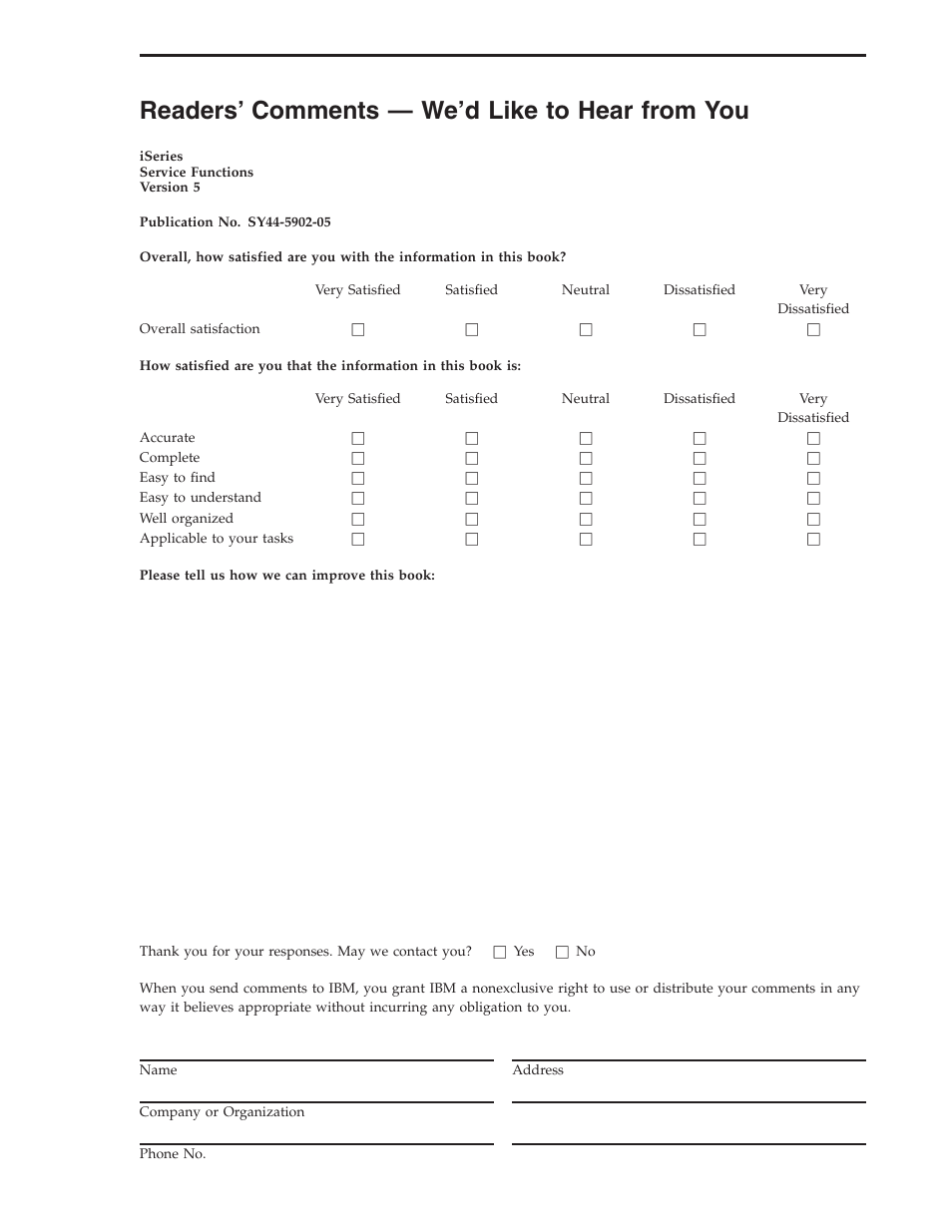 Readers’ comments — we'd like to hear from you, Readers’ comments — we’d like to hear from you | IBM VERSION 5 SY44-5902-05 User Manual | Page 355 / 358