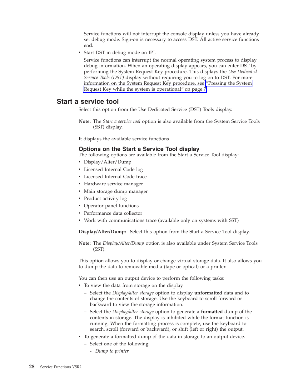 Start a service tool, Options on the start a service tool display | IBM VERSION 5 SY44-5902-05 User Manual | Page 42 / 358