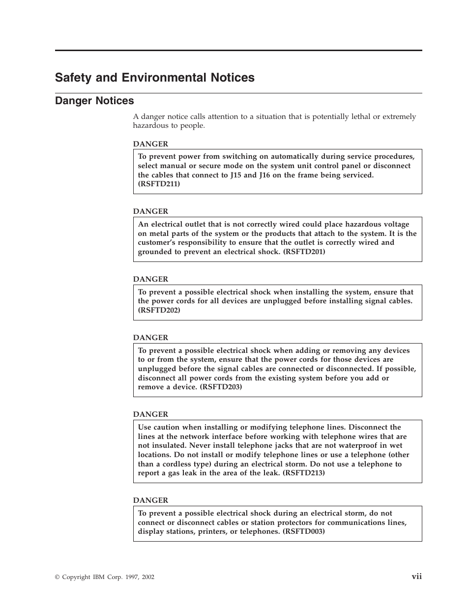 Safety and environmental notices, Danger notices, Safety and environmental notices . . . vii | IBM VERSION 5 SY44-5902-05 User Manual | Page 9 / 358