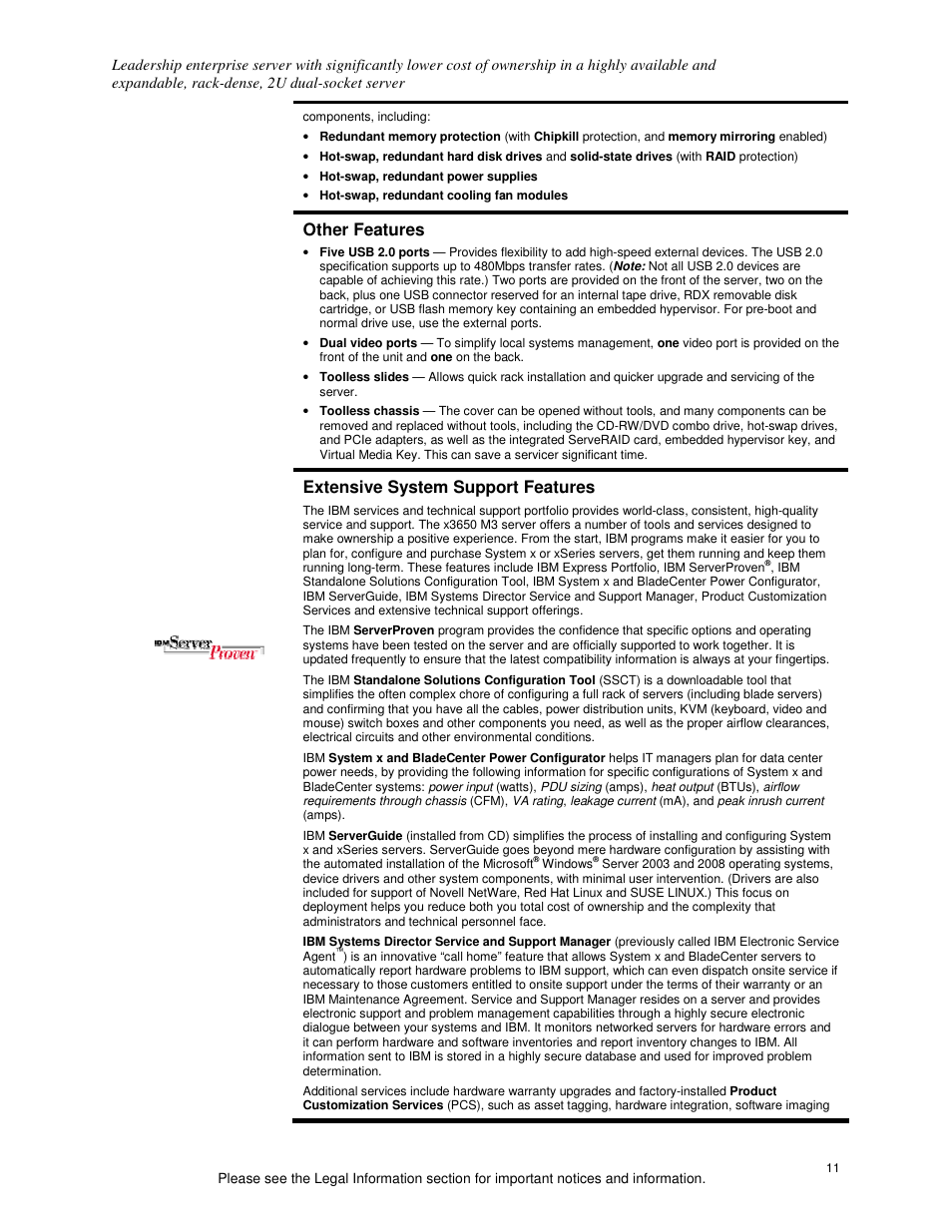 Other features, Extensive system support features | IBM X3650 M3 User Manual | Page 11 / 21