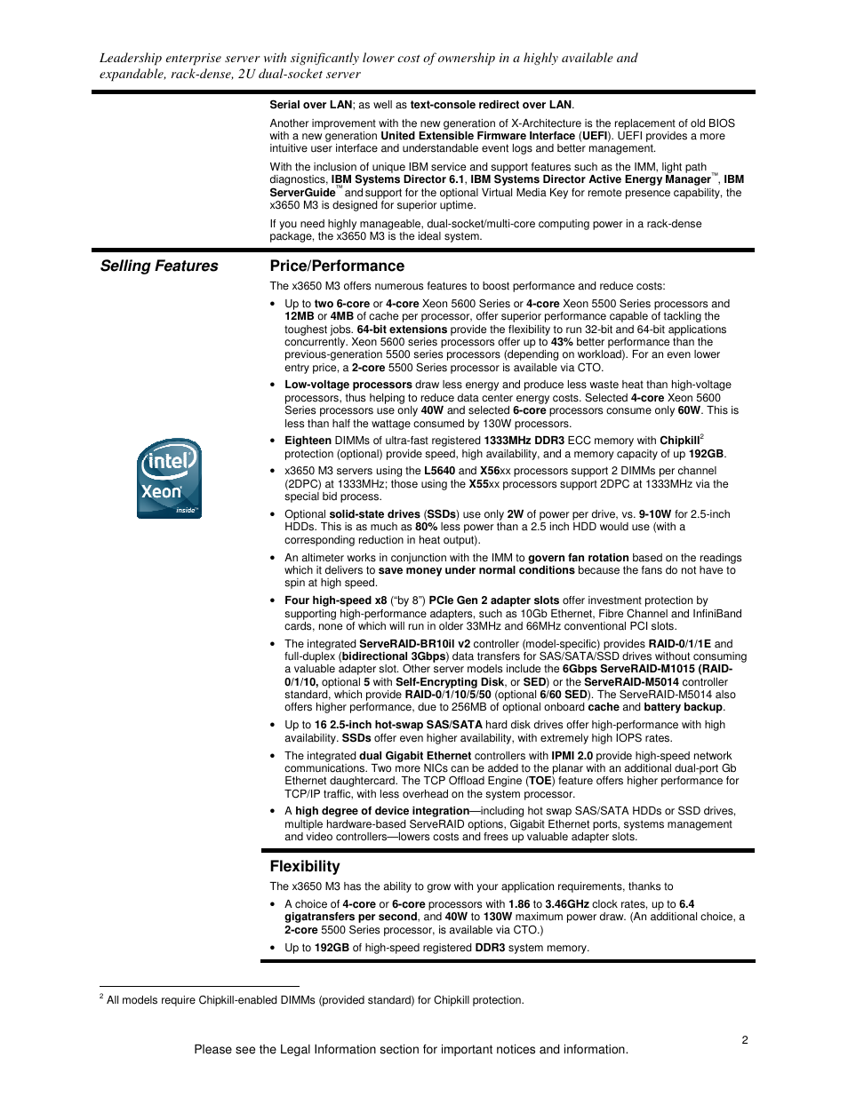 Selling features price/performance, Flexibility | IBM X3650 M3 User Manual | Page 2 / 21