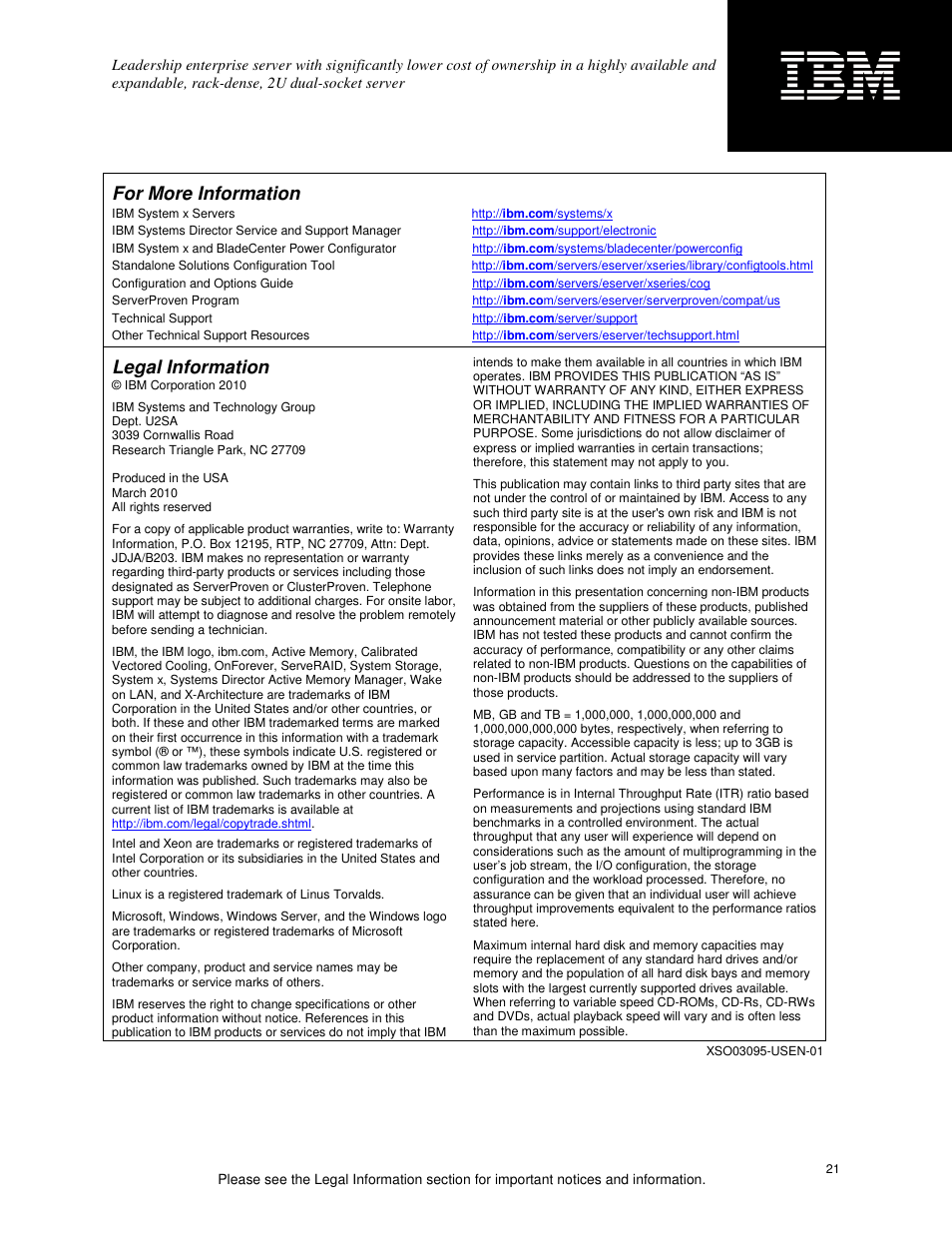 For more information, Legal information | IBM X3650 M3 User Manual | Page 21 / 21