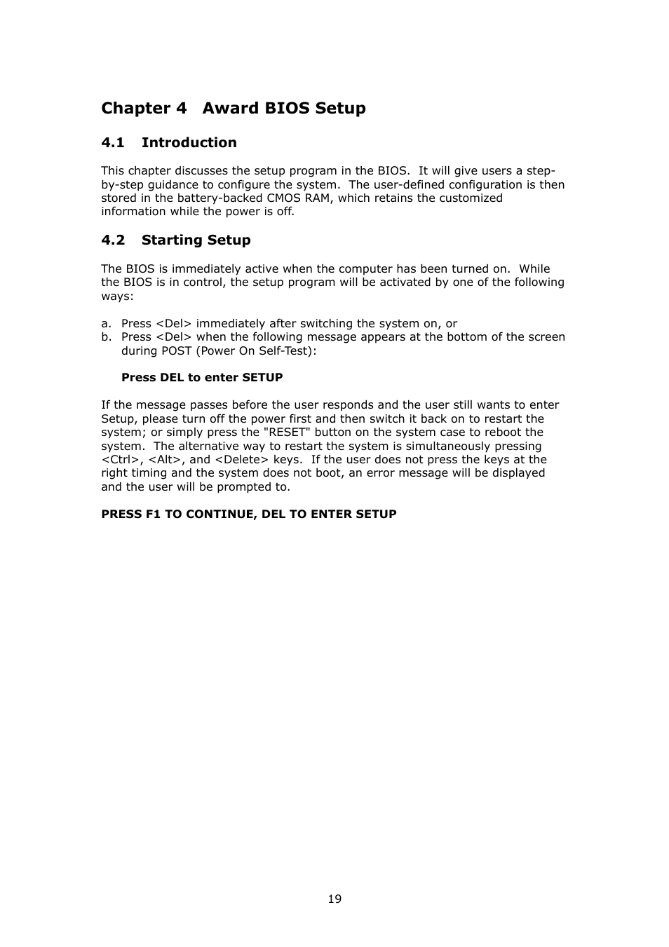 Chapter 4 award bios setup | IBM PSB Form Factor Board SAGP-845EV User Manual | Page 19 / 48