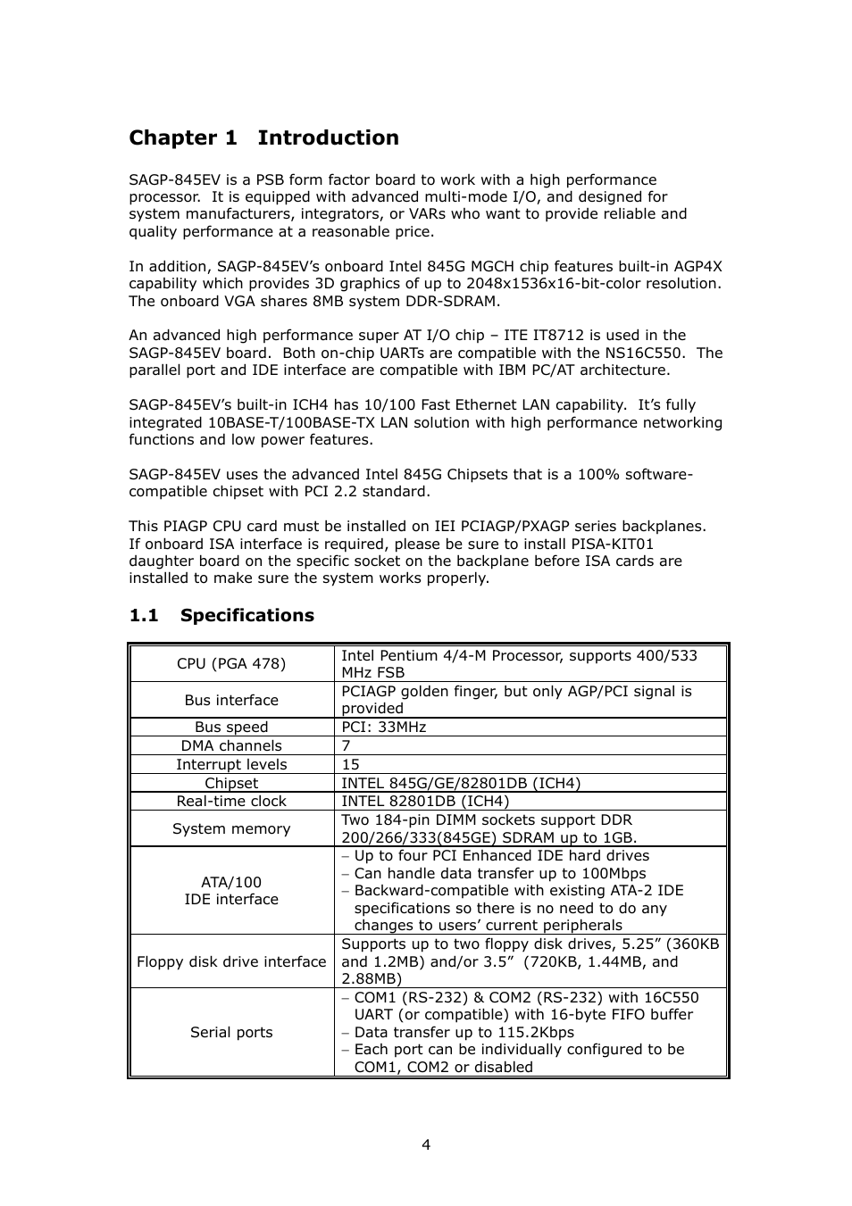 Chapter 1 introduction | IBM PSB Form Factor Board SAGP-845EV User Manual | Page 4 / 48