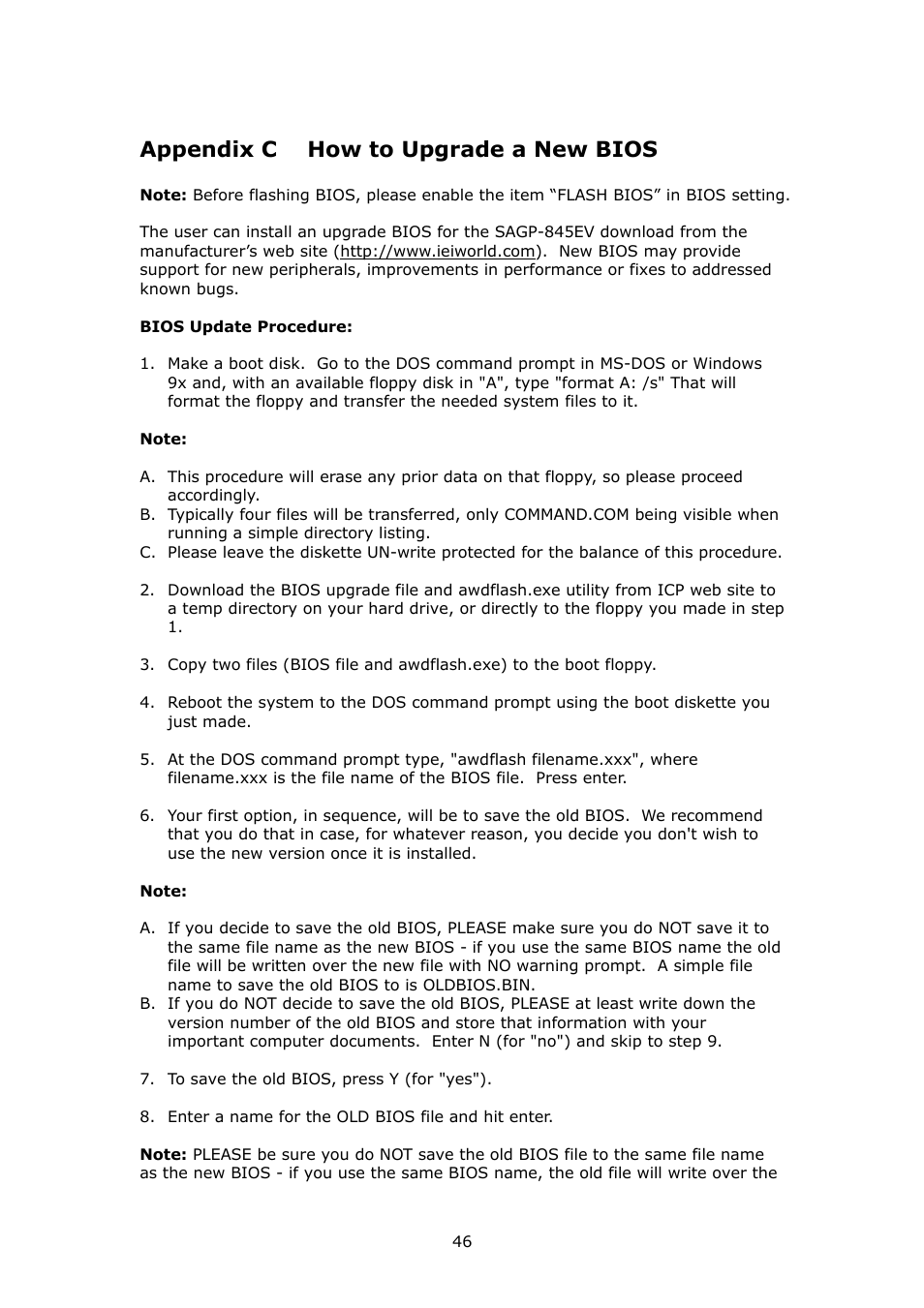 Appendix c how to upgrade a new bios | IBM PSB Form Factor Board SAGP-845EV User Manual | Page 46 / 48