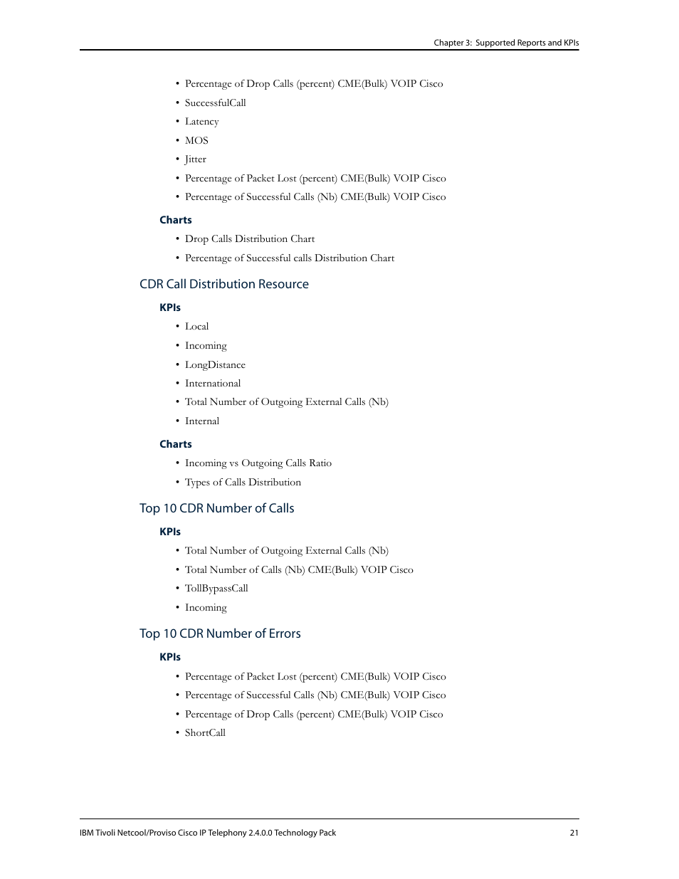 Cdr call distribution resource, Top 10 cdr number of calls, Top 10 cdr number of errors | IBM CISCO R2E2 User Manual | Page 25 / 110