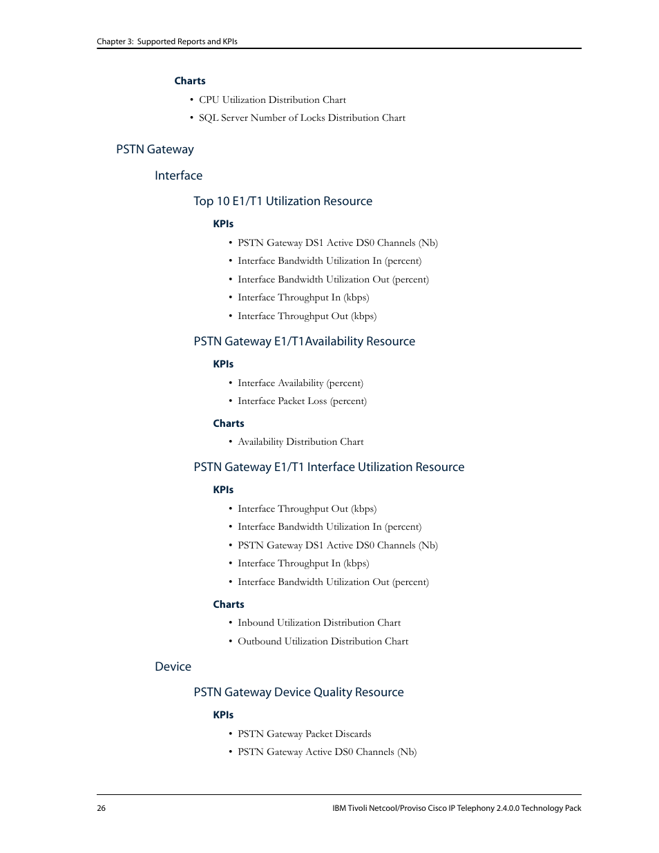 Pstn gateway, Interface, Top 10 e1/t1 utilization resource | Pstn gateway e1/t1availability resource, Pstn gateway e1/t1 interface utilization resource, Device, Pstn gateway device quality resource | IBM CISCO R2E2 User Manual | Page 30 / 110