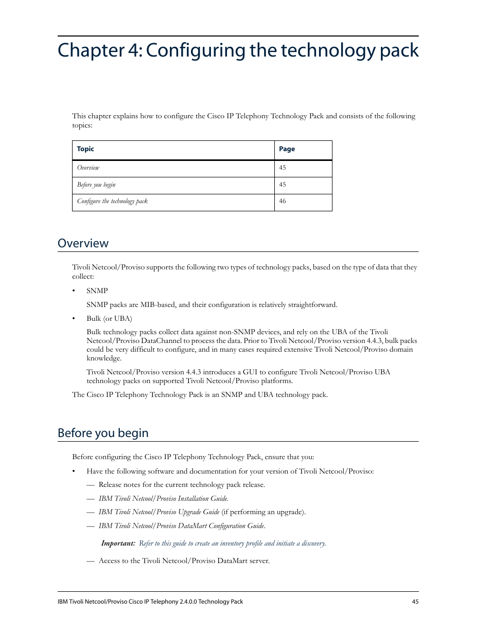 Chapter 4: configuring the technology pack, Overview, Before you begin | Chapter 4, configuring the technology pack | IBM CISCO R2E2 User Manual | Page 49 / 110