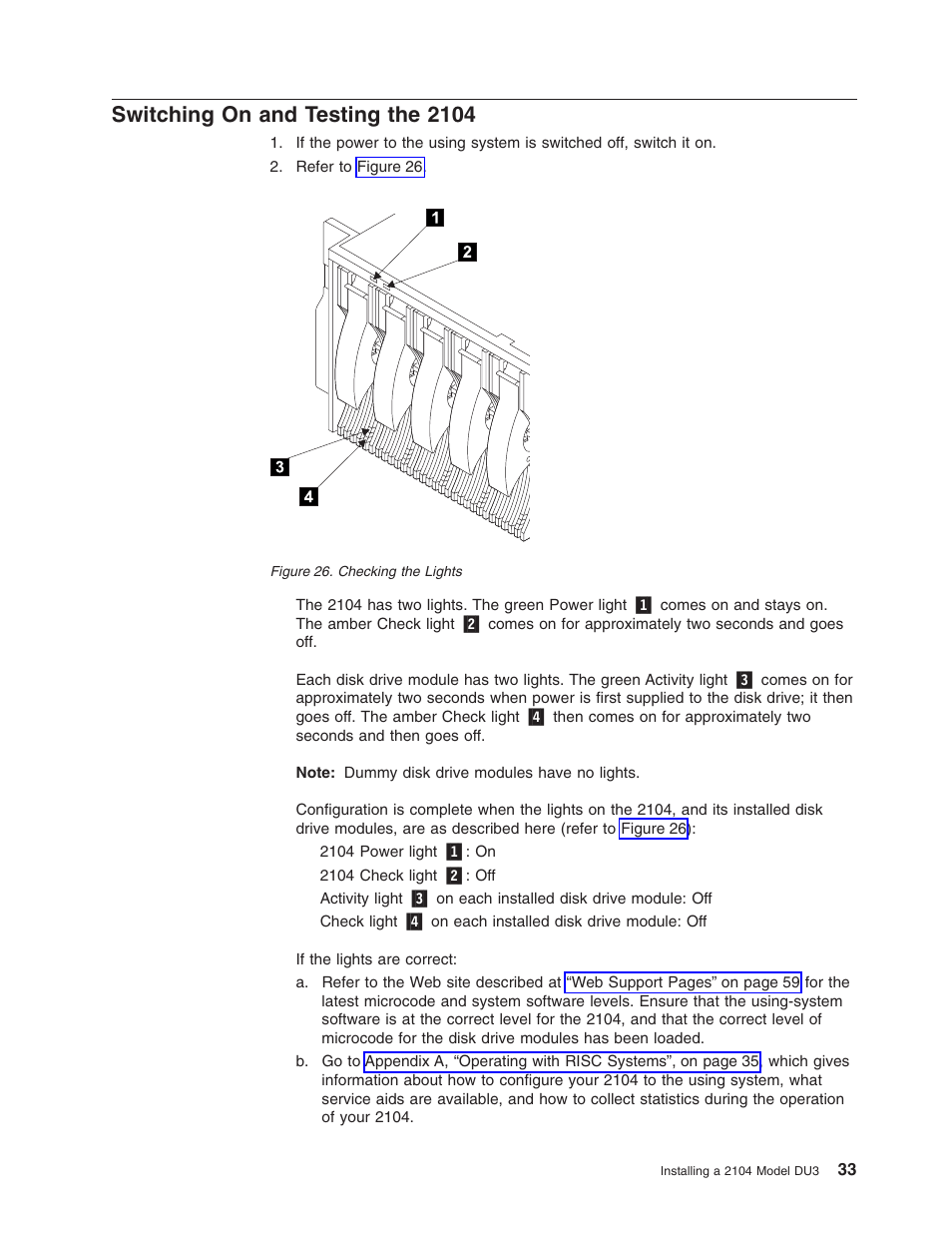 Switching on and testing the 2104 | IBM 2104 Model DU3 User Manual | Page 49 / 114