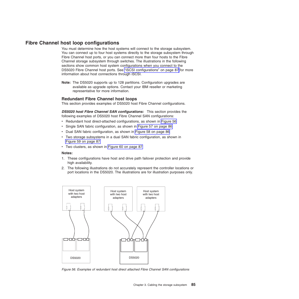 Fibre channel host loop configurations, Redundant fibre channel host loops, Ds5020 host fibre channel san configurations | IBM System Storage Subsystem DS5020 User Manual | Page 115 / 250