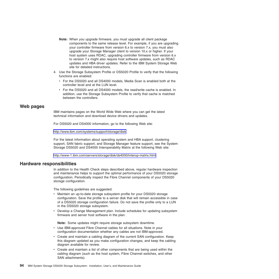 Hardware responsibilities, Web pages | IBM System Storage Subsystem DS5020 User Manual | Page 124 / 250