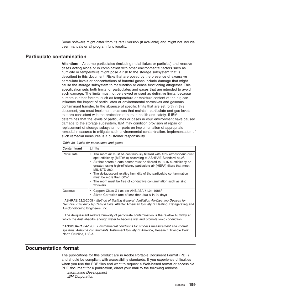 Particulate contamination, Documentation format, Particulate contamination documentation format | Limits for particulates and gases | IBM System Storage Subsystem DS5020 User Manual | Page 229 / 250