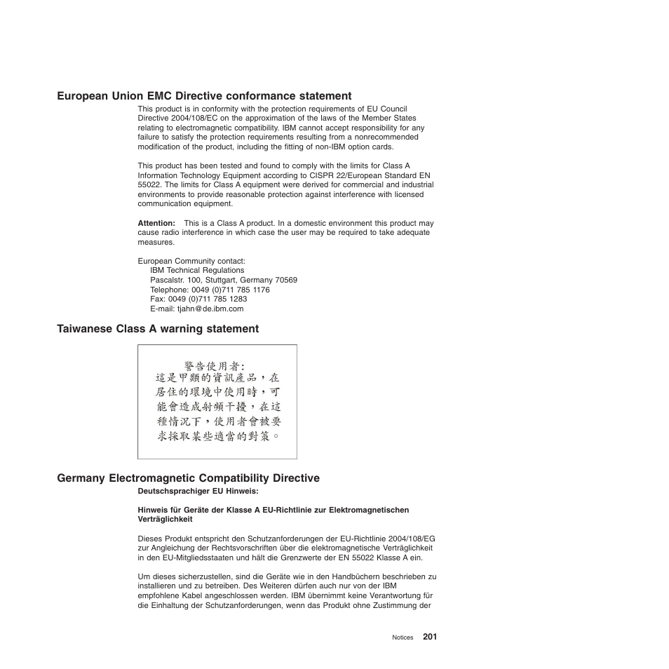 European union emc directive conformance statement, Taiwanese class a warning statement, Germany electromagnetic compatibility directive | IBM System Storage Subsystem DS5020 User Manual | Page 231 / 250