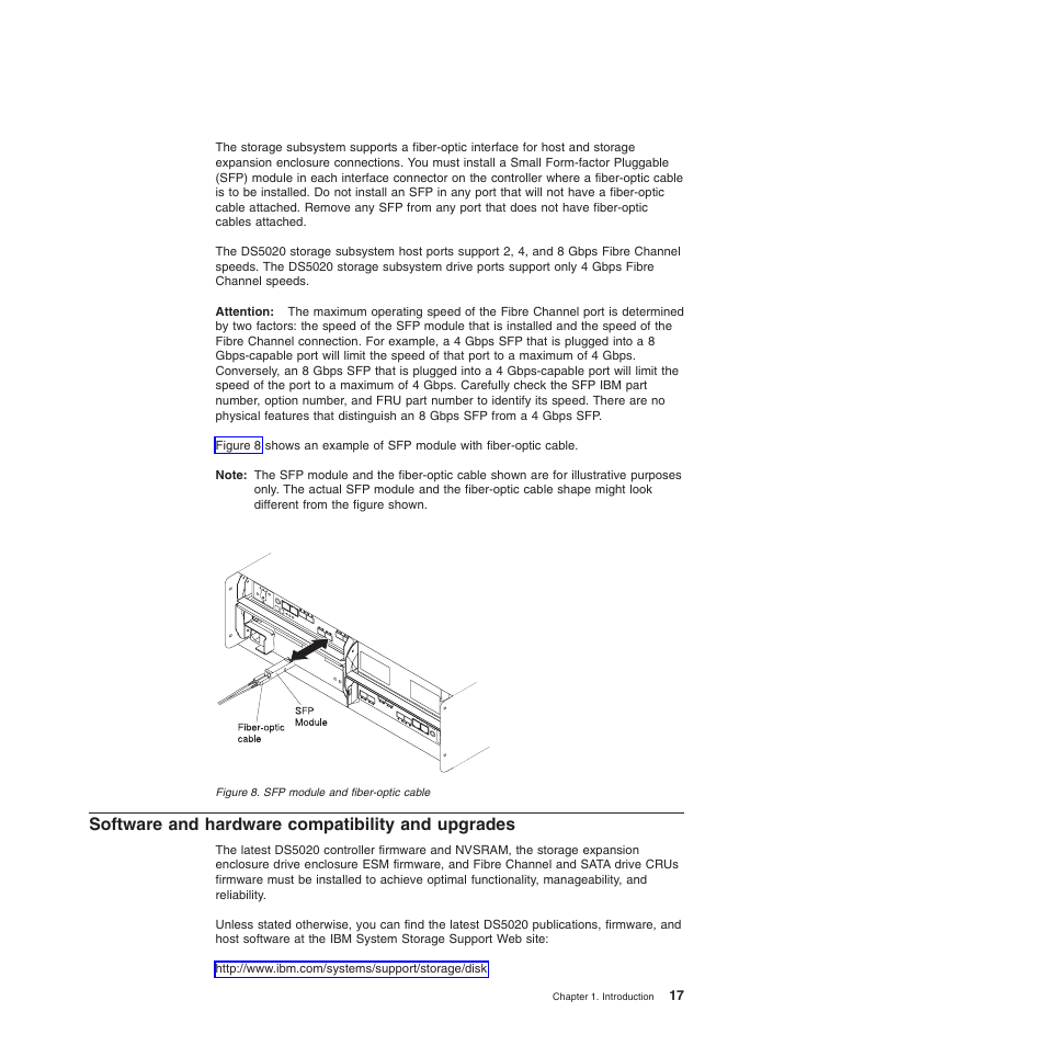 Software and hardware compatibility and upgrades, Sfp module and fiber-optic cable | IBM System Storage Subsystem DS5020 User Manual | Page 47 / 250