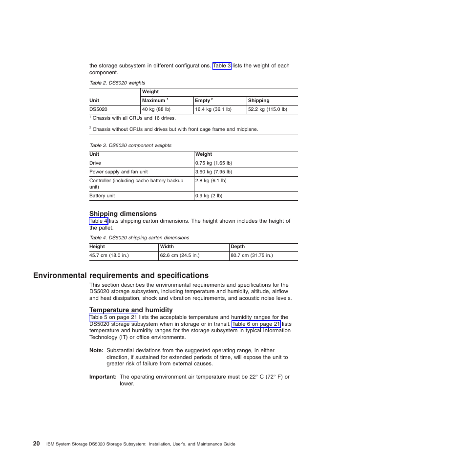 Shipping dimensions, Environmental requirements and specifications, Temperature and humidity | IBM System Storage Subsystem DS5020 User Manual | Page 50 / 250