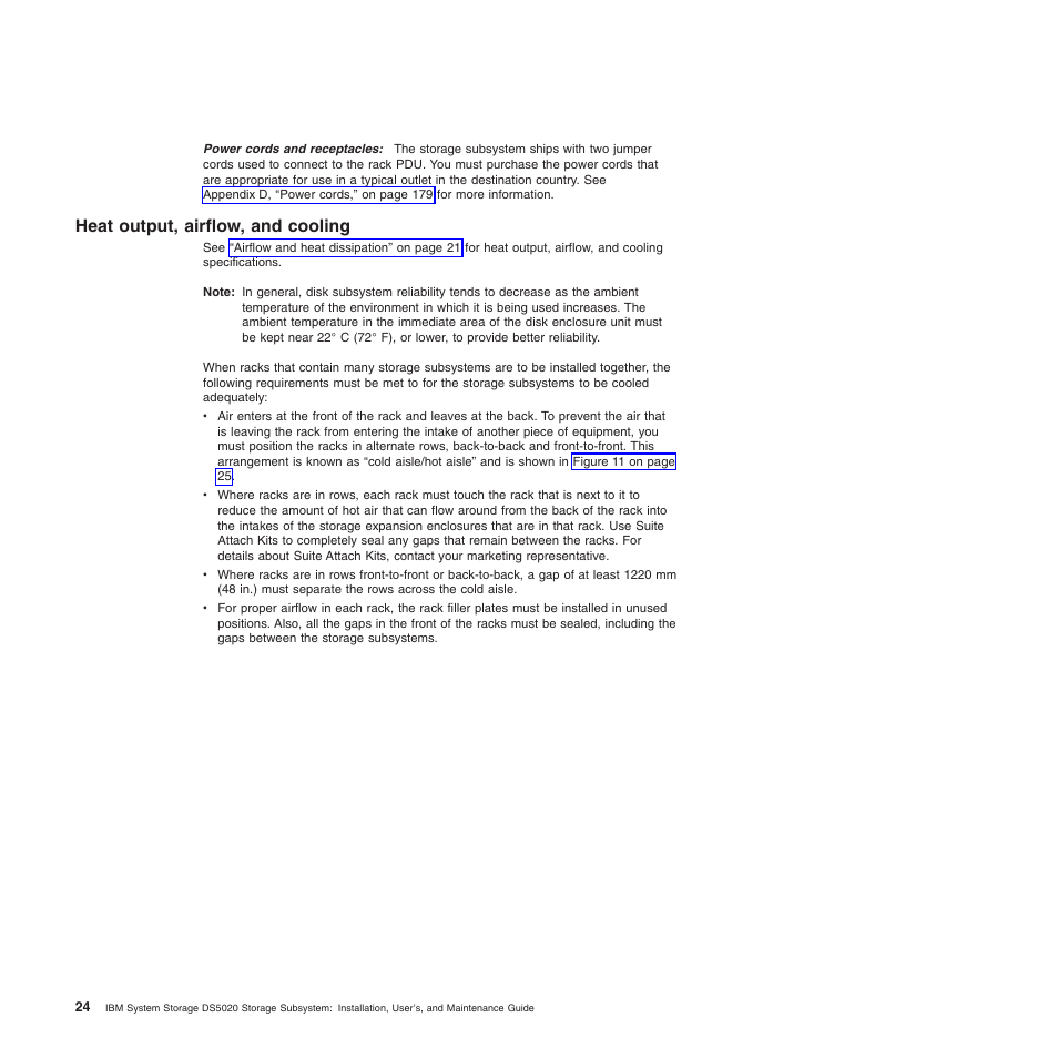Power cords and receptacles, Heat output, airflow, and cooling | IBM System Storage Subsystem DS5020 User Manual | Page 54 / 250