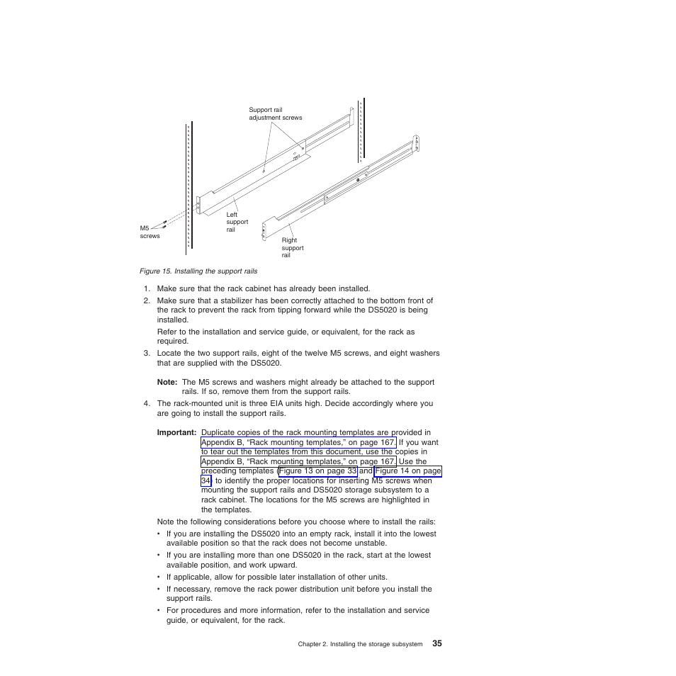 Installing the support rails | IBM System Storage Subsystem DS5020 User Manual | Page 65 / 250